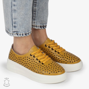 Pantofi Casual dama din Piele naturala PERFORATI USORI CU SIRET CRL1341 MUSTAR - Img 3