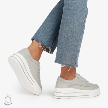 Pantofi Casual de dama din Piele Naturala cu talpa inalta si Dungi CRL1203 GRI - Img 4