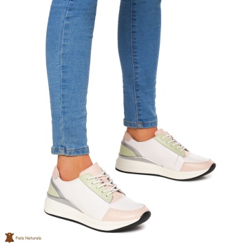Pantofi casual de dama din piele naturala cu talpa plata CRL0019 Alb cu Roz - Img 2