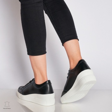 Pantofi casual de dama din piele naturala cu talpa plata CRL0034 Negri - Img 4