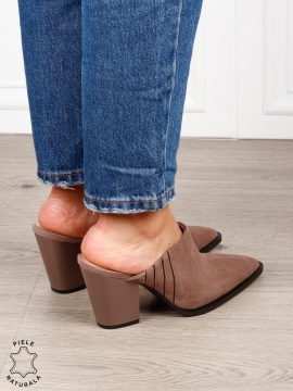 Pantofi dama eleganti cu toc gros si varf ascutit din piele naturala intoarsa CRL1609 KHAKI - Img 3