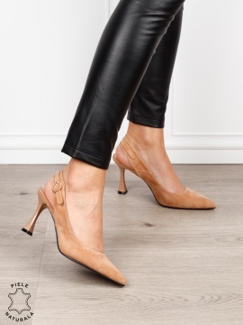 Pantofi dama eleganti cu toc subtire si varf ascutit din piele naturala intoarsa CRL1610 BEJ