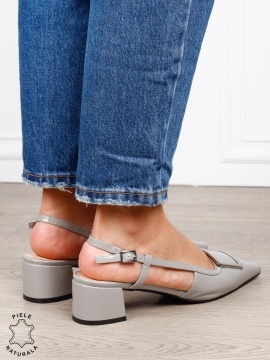 Pantofi dama eleganti din piele naturala cu toc gros mic CRL1615 Gri - Img 4