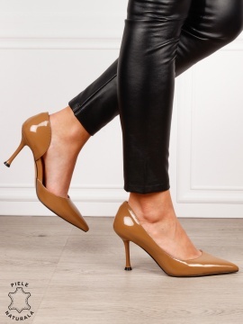 Pantofi dama eleganti din piele naturala Lacuita cu toc subtire clasic CRL1636KHAKI