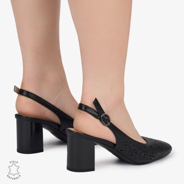 PANTOFI ELEGANTI dama din Piele Naturala CU TOC GROS SI MODEL PERFORAT CRL0995 NEGRU - Img 3