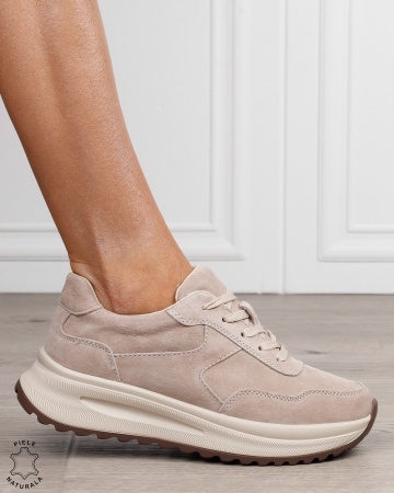 Pantofi sport damă din piele naturală Intoarsa cu talpă înaltă CRL1864 BEJ - Img 2