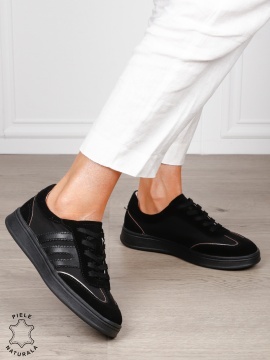 Pantofi sport damă din piele naturală întoarsă si material textil lateral CRL1566 NEGRU - Img 2