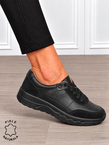 Pantofi sport damă din piele naturală și piele întoarsă cu design modern CRL1896 NEGRU - Img 2