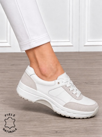Pantofi sport damă din piele naturală și piele întoarsă cu design modern CRL1896 ALB - Img 2