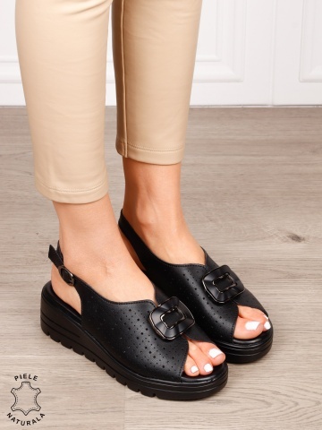 Sandale damă din piele naturală cu detaliu tip cataramă frontală CRL1659 NEGRU - Img 2