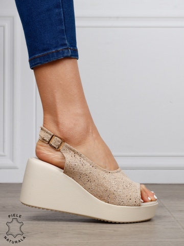 Sandale damă din piele naturală talpa tip platorma cu cataramă CRL1644 BEJ