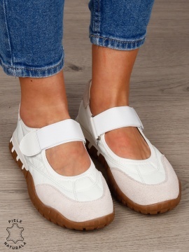 Balerini damă din piele naturală întoarsă și material textil, cu branț din piele naturală CRL1562 ALB - Img 3
