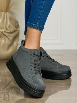 Ghete casual din piele naturală cu talpa solida CRL1510 DKGRI - Img 2