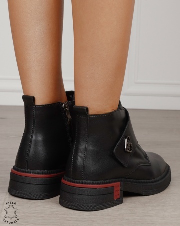 Ghete damă casual din piele cu baretă și cataramă laterală CRL1888 NEGRU - Img 3