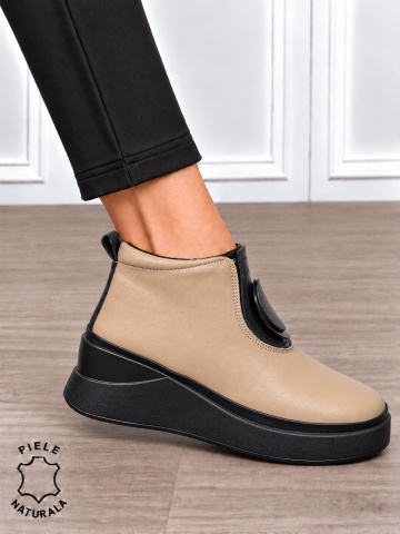 Ghete damă din piele naturală cu accesoriu metalic decorativ CRL1903 KHAKI - Img 2