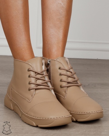 Ghete damă din piele naturală cu șireturi și talpă groasă CRL1872 KHAKI
