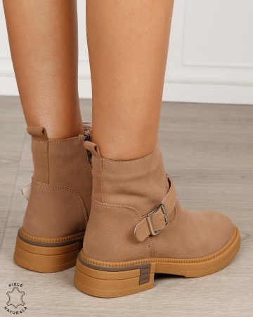 Ghete damă din piele naturală întoarsă, cu baretă și cataramă CRL1887 KHAKI - Img 3