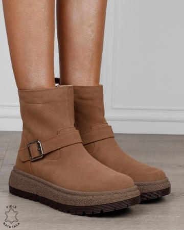 Ghete damă din piele naturală intoarsa cu talpă înaltă și cataramă CRL1890 KHAKI - Img 2