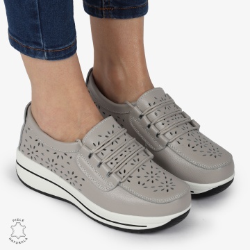 Mocasini dama din Piele Naturala Perforati CRL1364 GRI - Img 2