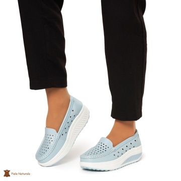 Mocasini Dama Piele Naturala perforati cu talpa groasa CRL0079 ALBASTRRU