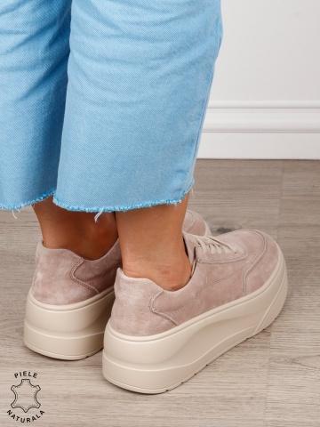 Pantofi casual damă din piele întoarsă naturală cu siret CRL1822 BEJ - Img 3