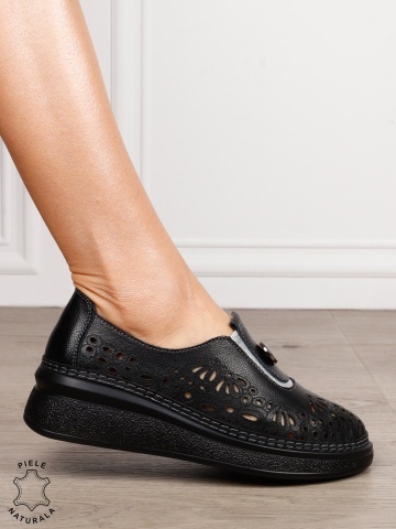 Pantofi Casual dama din Piele naturala cu model Perforat CRL1600 Negru