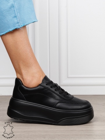 Pantofi casual damă din piele naturală cu siret CRL1822 NEGRU