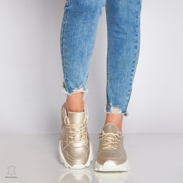 Pantofi Casual dama din Piele naturala cu talpa groasa CRL0046 AURIU - Img 2
