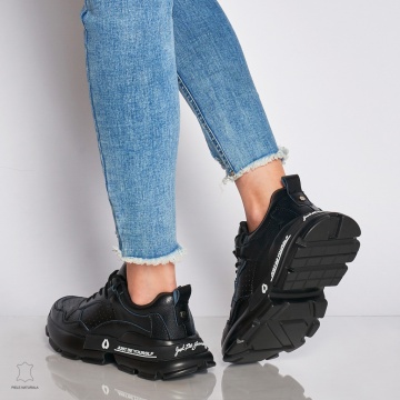 Pantofi Casual dama din Piele naturala cu talpa groasa CRL0046 Negru - Img 4