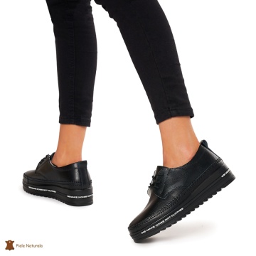 Pantofi Casual dama din Piele naturala cu talpa groasa CRL0053 NEGRU - Img 3