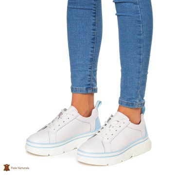Pantofi Casual dama din Piele naturala cu talpa groasa CRL0054 ALB CU ALBASTRU
