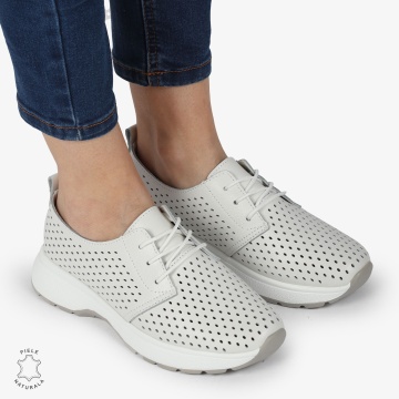 PANTOFI CASUAL dama din Piele naturala Perforata cu Siret CRL1354 ALB - Img 2
