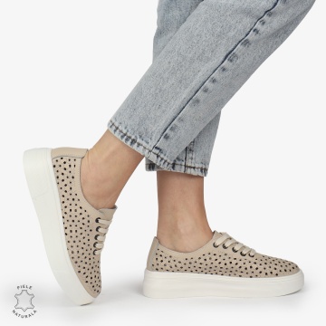 Pantofi Casual dama din Piele naturala PERFORATI USORI CU SIRET CRL1341 BEJ - Img 3