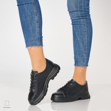 Pantofi casual de dama din piele naturala cu talpa aderenta CRL0010 Negru - Img 2