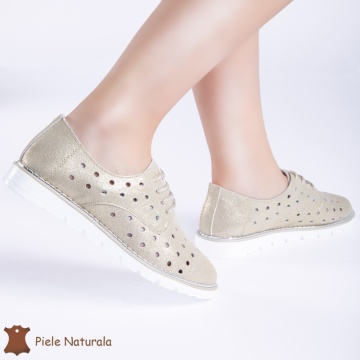 Pantofi Casual de dama perforati din Piele Naturala cu talpa joasa CRL0166 AURIU - Img 2