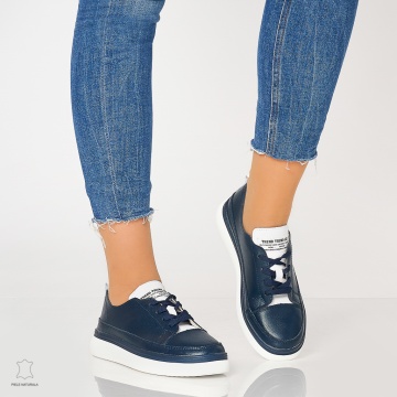 Pantofi casual trendy de dama din piele naturala Multicolor CRL0007 Bleumarin - Img 2
