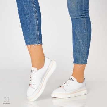 Pantofi casual trendy de dama din piele naturala Multicolor CRL0007 Alb - Img 2