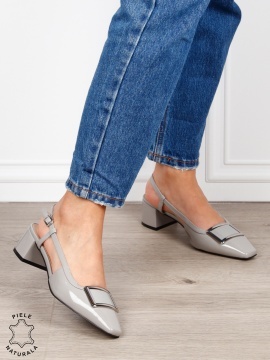 Pantofi dama eleganti din piele naturala cu toc gros mic CRL1615 Gri - Img 2