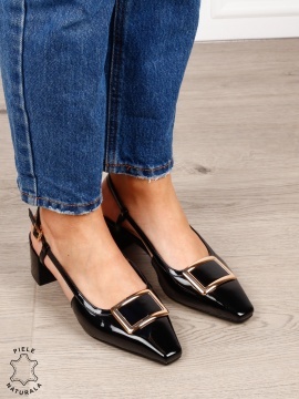Pantofi dama eleganti din piele naturala cu toc gros mic CRL1615 Negru - Img 3