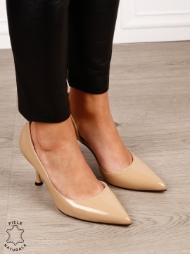 Pantofi dama eleganti din piele naturala Lacuita cu toc subtire clasic CRL1636 BEJ - Img 3