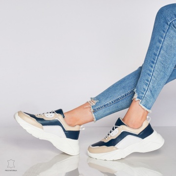 Pantofi Sport dama din Piele naturala cu talpa groasa Multicolor CRL0036 Bleumarin cu Bej - Img 3