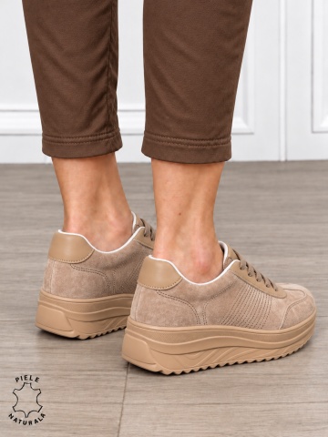 Pantofi sport damă din piele naturală întoarsă cu design casual CRL1894 KHAKI - Img 3
