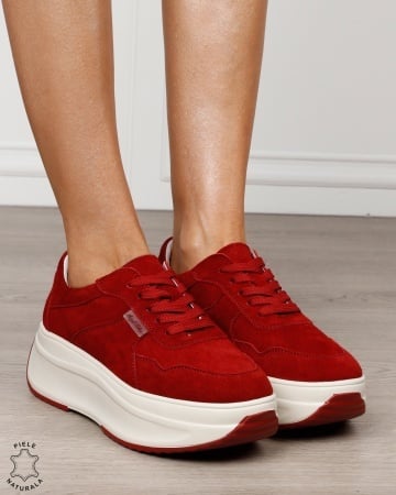 Pantofi sport damă din piele naturală întoarsă cu talpă înaltă CRL1862 ROSU