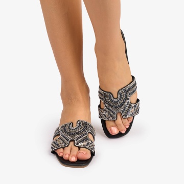PAPUCI dama din Piele ECOLOGICA CU STRASURI CRL1078 CULOARE: Negru - Img 2