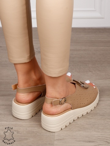 Sandale damă din piele naturală cu detaliu tip cataramă frontală CRL1659 KHAKI - Img 3