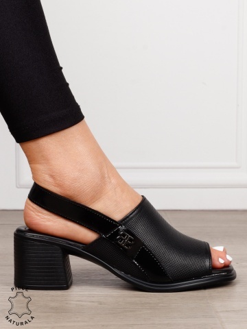 Sandale dama din Piele Naturala cu toc gros CRL1639 NEGRU