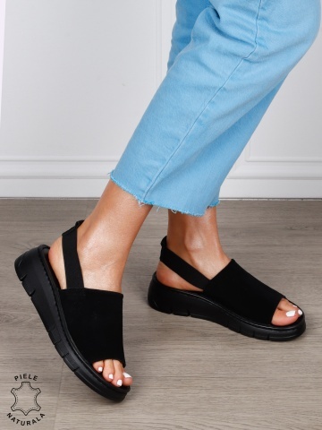 Sandale Damă din Piele Naturală Intoarsa cu Design Modern și Bareta Elastică CRL1805 NEGRU