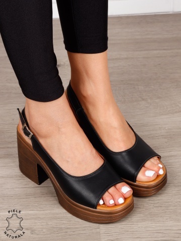 Sandale dama din Piele Naturala model clasic cu toc gros si inalt CRL1641 NEGRU - Img 2