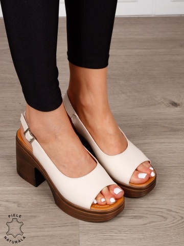 Sandale dama din Piele Naturala model clasic cu toc gros si inalt CRL1641 BEJ - Img 2
