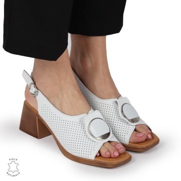SANDALE dama din Piele Naturala PERFORATA CU TOC PATRAT SI CATARAMA CRL1370 ALB - Img 3